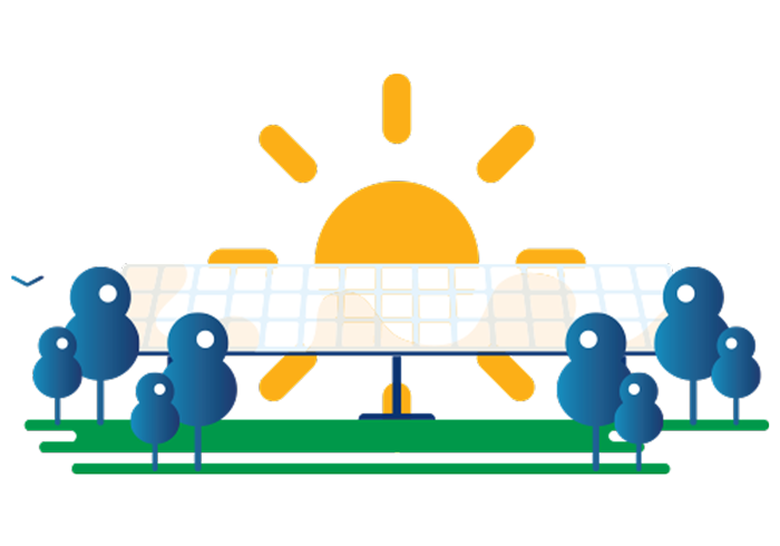 Illustration of sun behind solar panels with trees