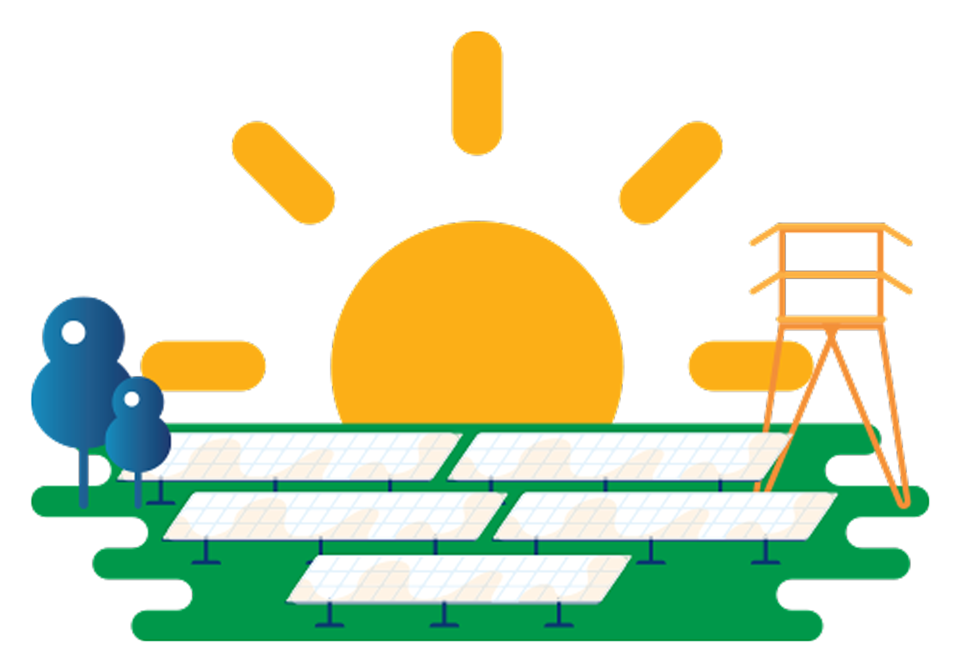 Illustration of sun setting behind solar panels and utility tower