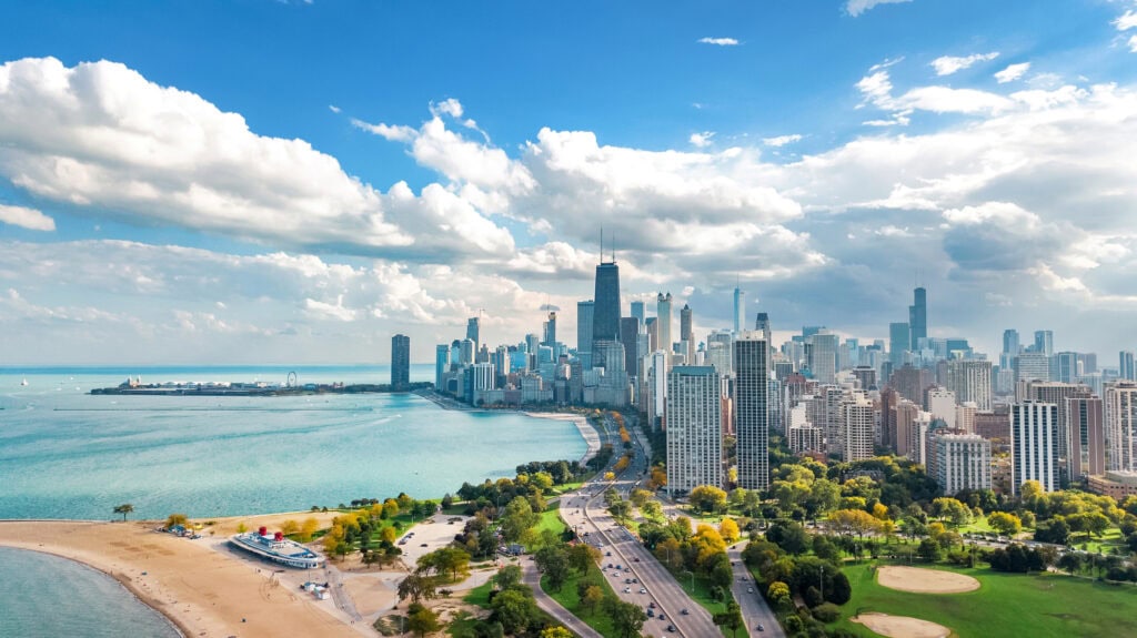 An aerial photo of the Chicago skyline