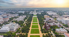 United States Capitol Building aerial view from the top of Washington Monument