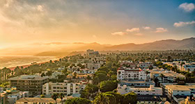 An aerial view of the Santa Monica, California beach skyline at sunset