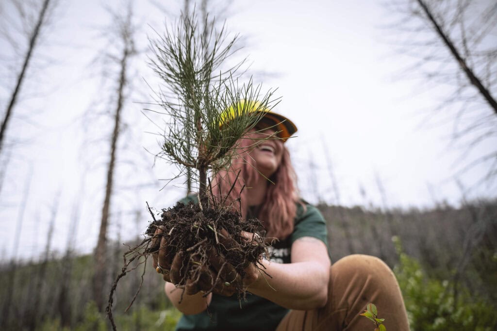 A young woman cups the root of a tree sapling while smiling