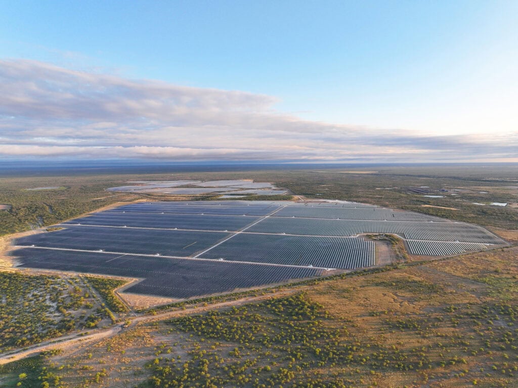 An aerial view of a large solar farm in Texas