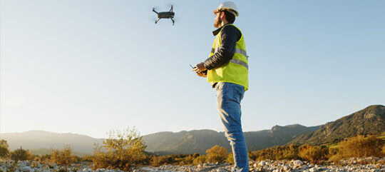 Man using a drone to survey a potential site for a solar farm.